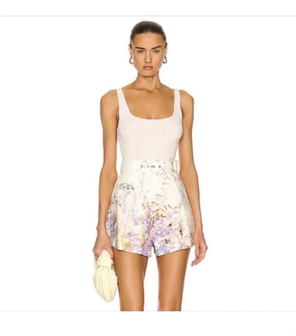 Zimmermann pastel floral belted high waist pleated shorts - Picture 1 of 5